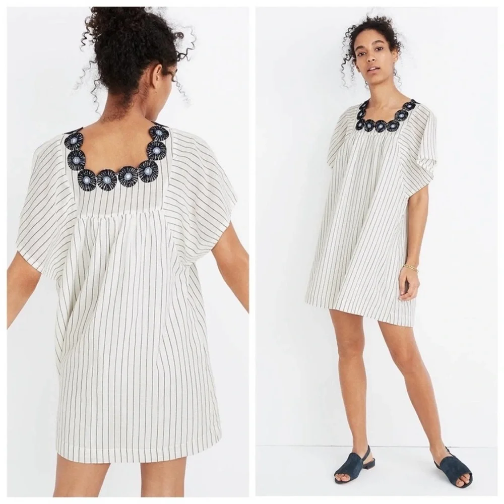 Madewell Linen Embroidered Butterfly Dress SZ XS White Navy Pinstripe - Picture 1 of 15